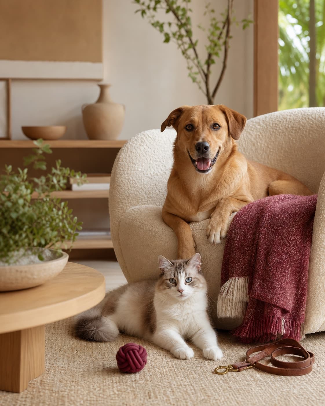 Cão caramelo e gato juntos em uma sala acolhedora da Amor a Pets
